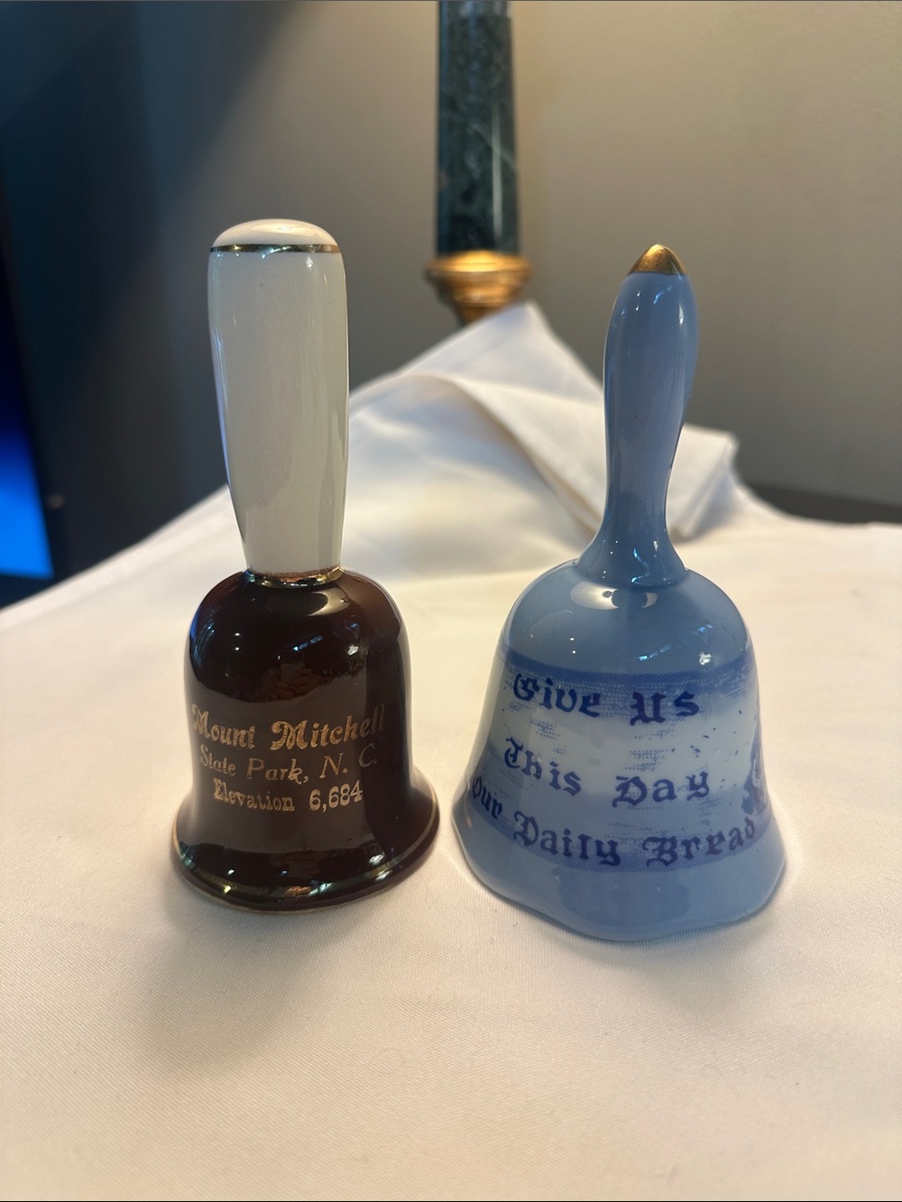 Pair of Vintage Decorative Collectible Bells - Blue & Brown